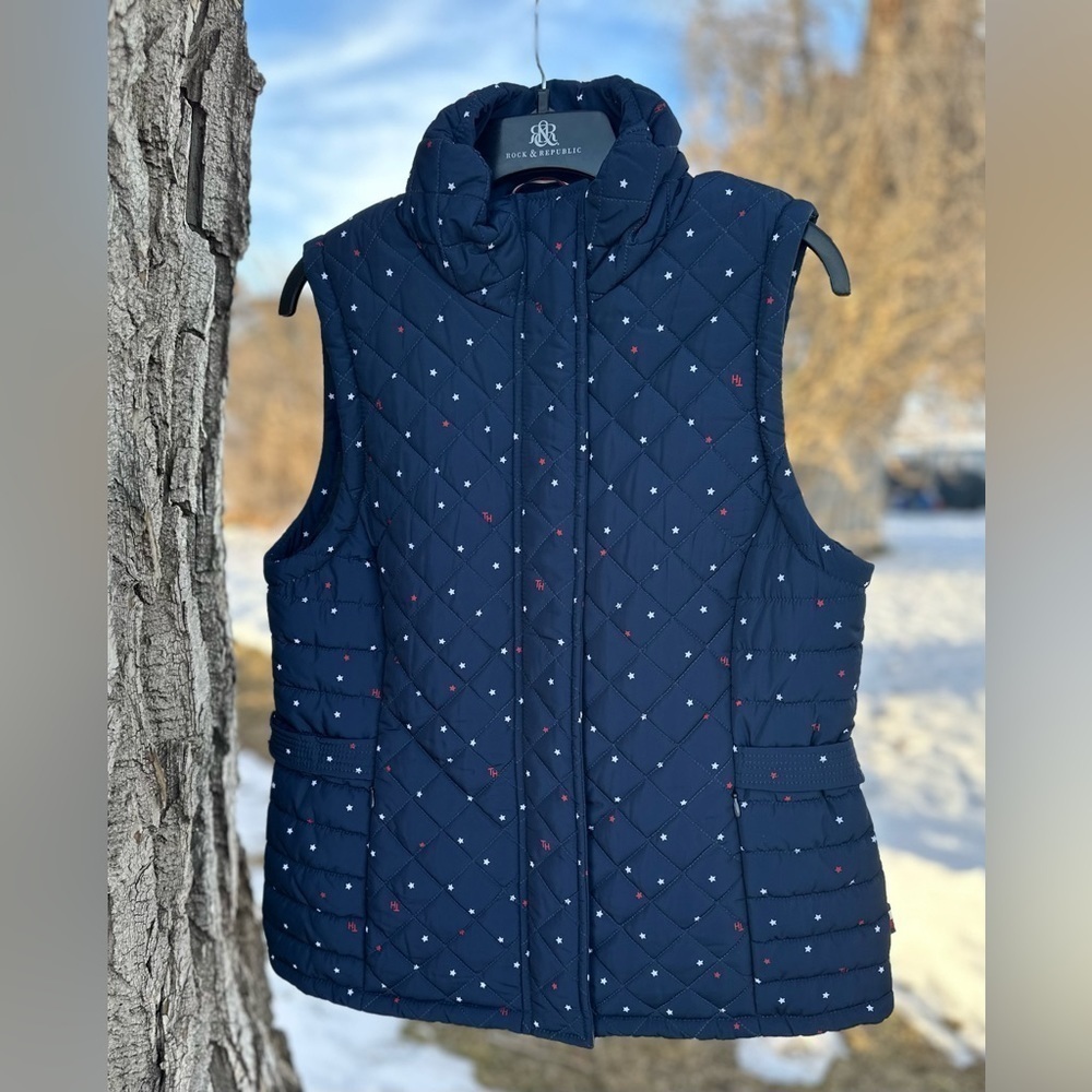 Tommy Hilfiger Puffer Winter Vest Womens M Blue Red/White Stars Full Zip Pockets